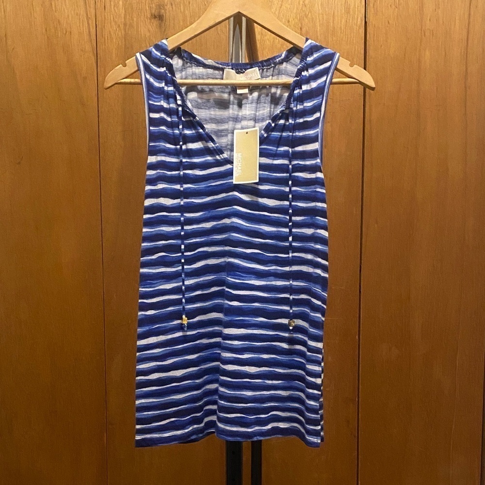 MICHAEL KORS Navyblue/White Striped Sleeveless Top V-Neck Tie Size S NWT